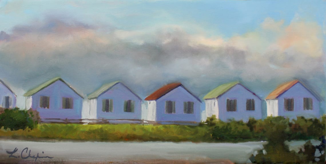 All in a Row. Oil, 8x16 inches. Painting by Lorraine Skelskey-Chapin.
