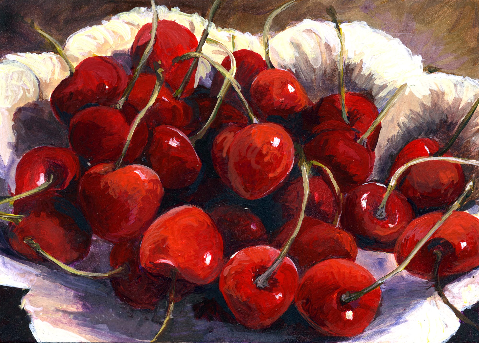 Bowl of Cheeries. Acrylic, 5x7 inches. Painting by Lorraine Skelskey-Chapin.