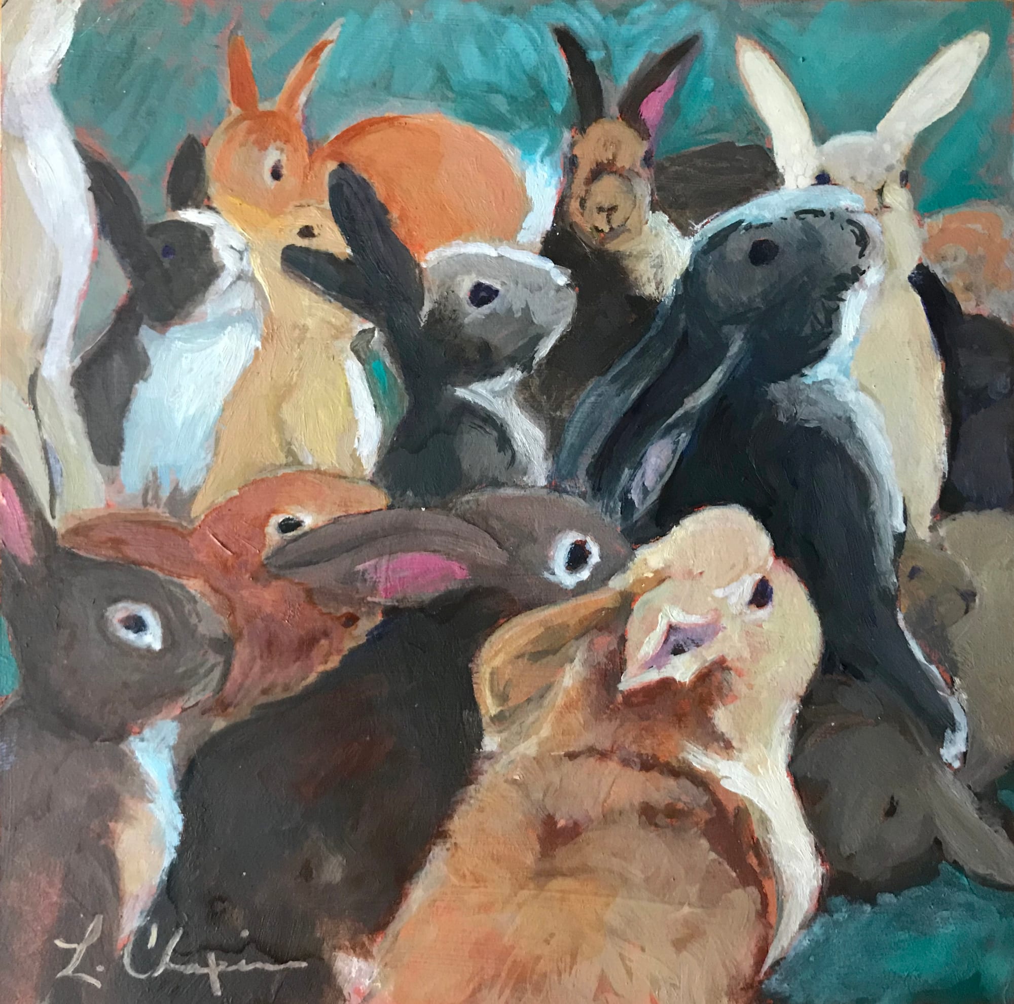 Bunch of Bunnies I. Oil, 5x7 inches. Painting by Lorraine Skelskey-Chapin.
