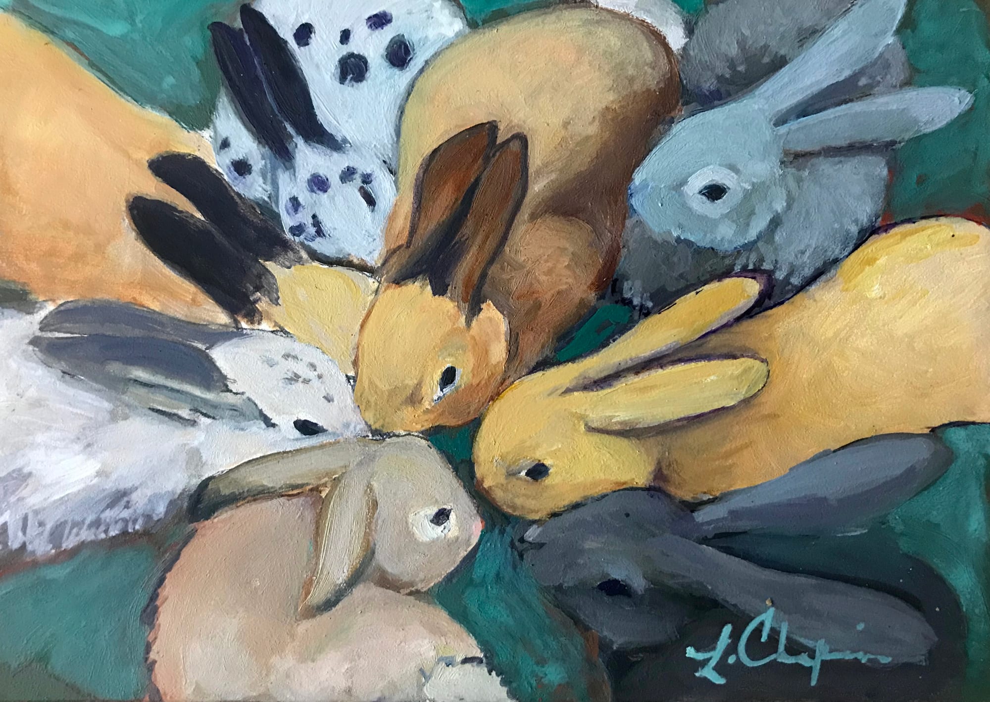 Bunch of Bunnies II. Oil, 6x6 inches. Painting by Lorraine Skelskey-Chapin.