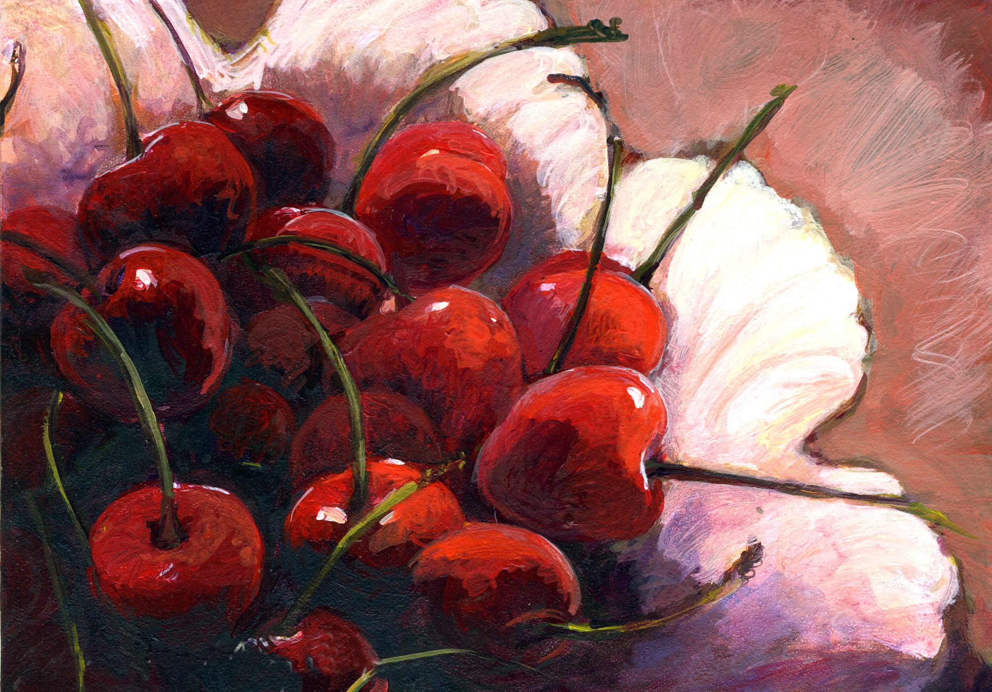 Cheeries Jubilee. Acrylic, 5x7 inches. Painting by Lorraine Skelskey-Chapin.
