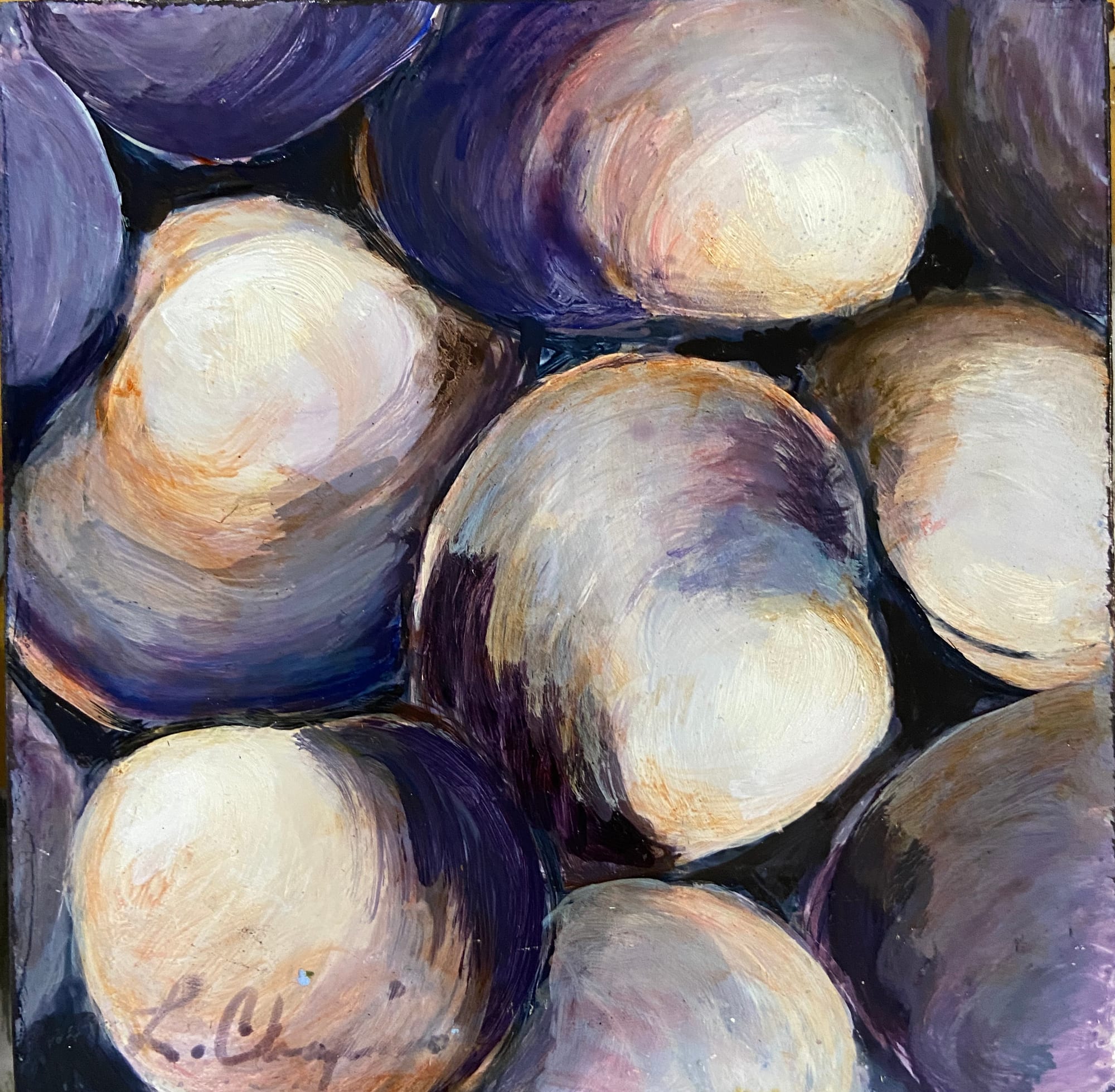 Cherrystones. Oil, 5x5 inches. Painting by Lorraine Skelskey-Chapin.