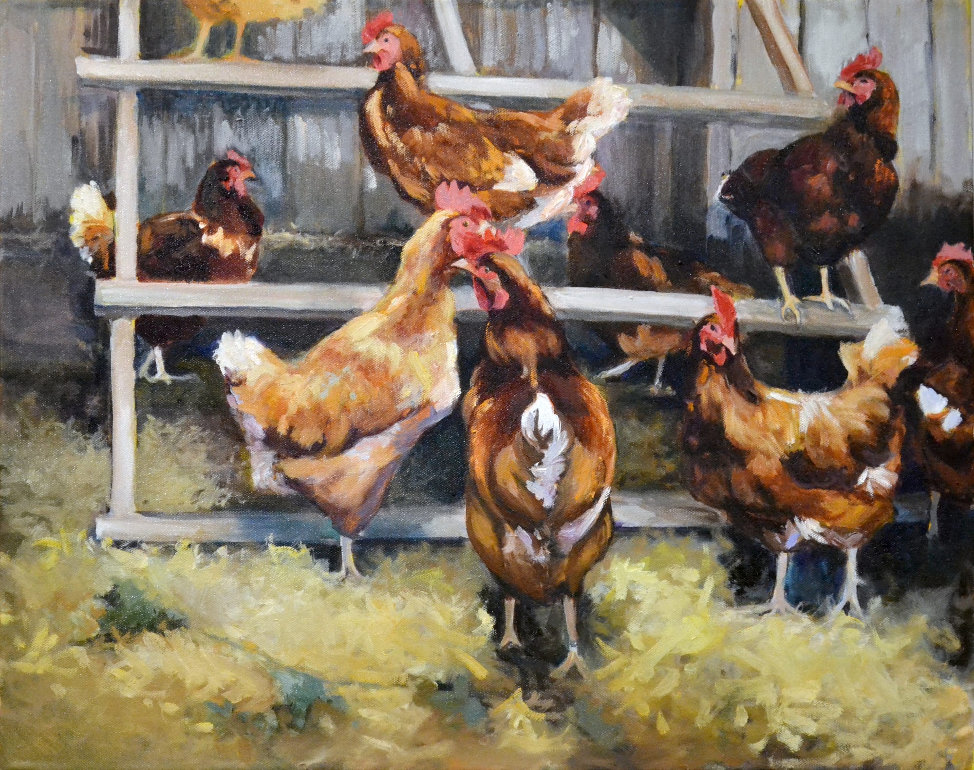 Chick Clique. Oil, 16x20 inches. Painting by Lorraine Skelskey-Chapin.