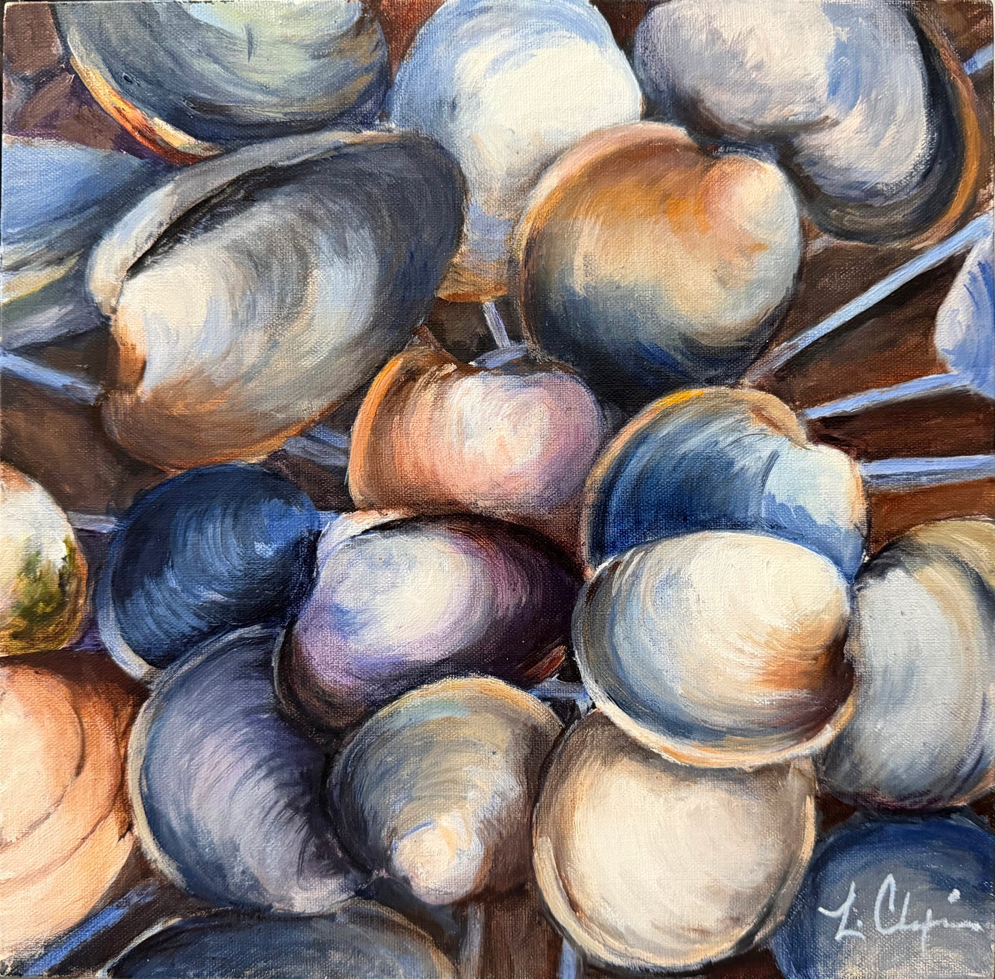 Quahog and clam shells heaped edge to edge in blue, grey and cream, filling the square canvas. Oil painting by Lorraine Skelskey-Chapin, 10 by 10 inches.
