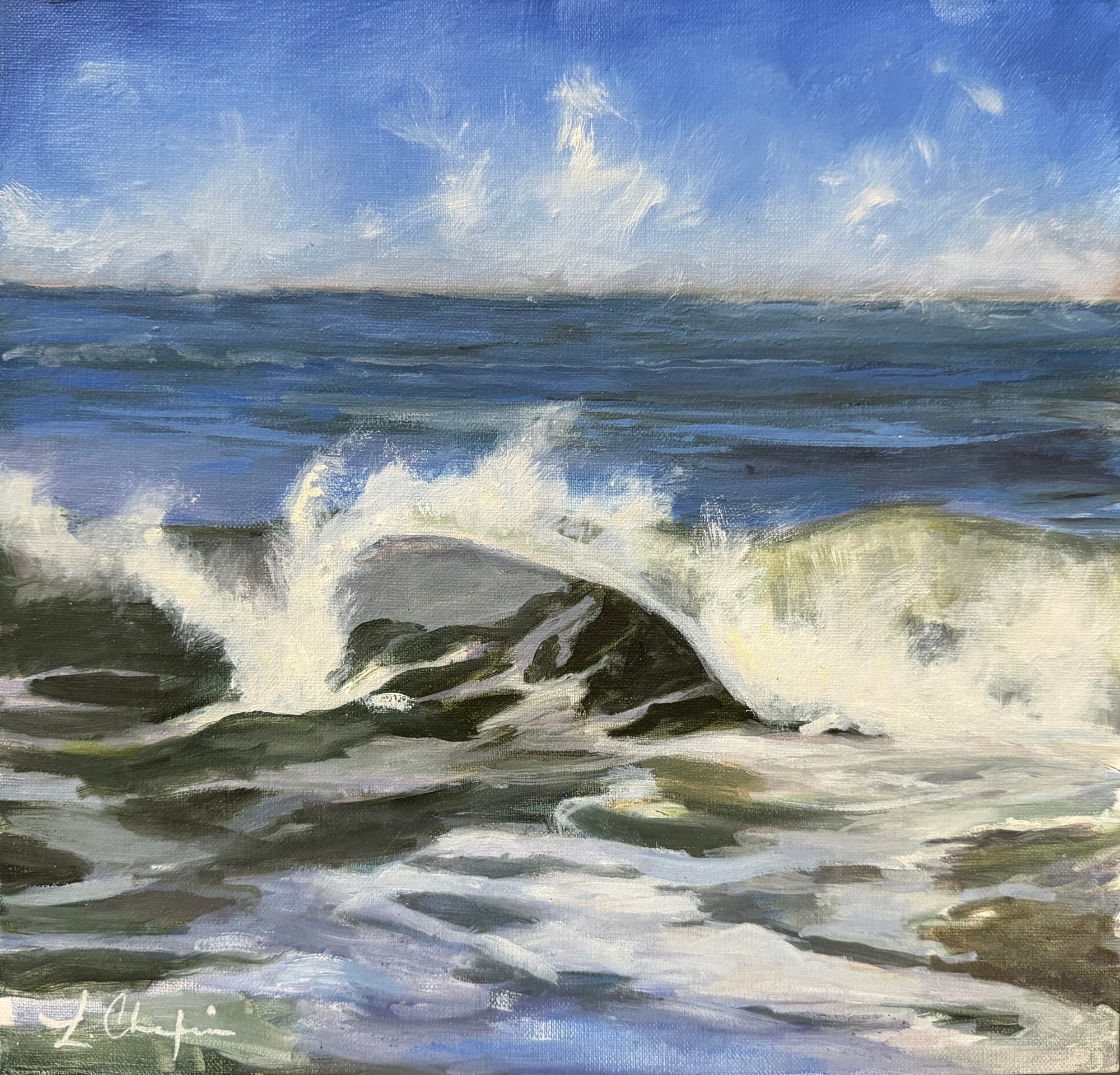 A single wave curling and breaking into white spray over dark green water, under a blue sky streaked with cloud. Painting by Lorraine Skelskey-Chapin, 10 by 10 inches.