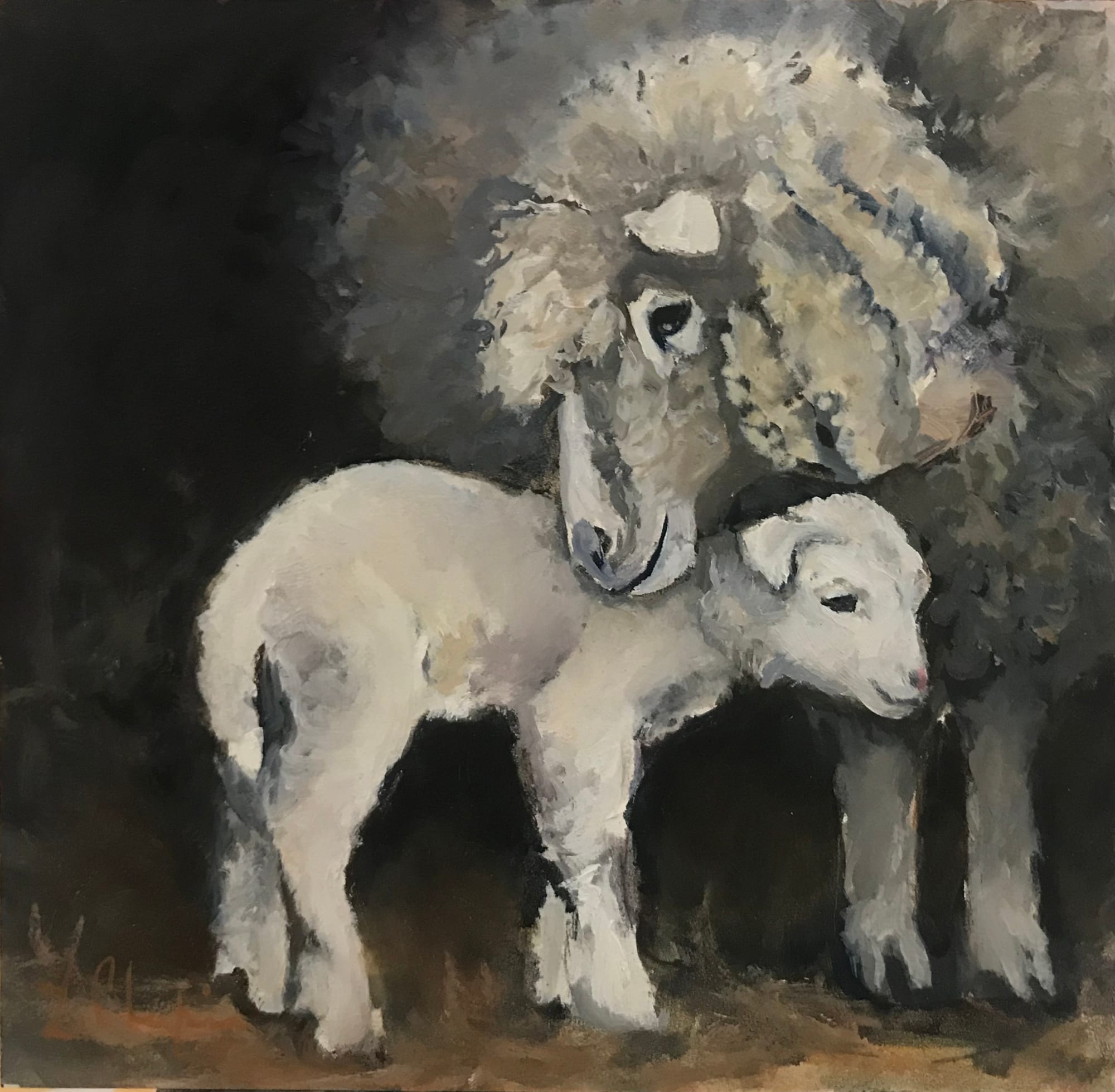 Ewe and baby. Oil, 6x6 inches. Painting by Lorraine Skelskey-Chapin.