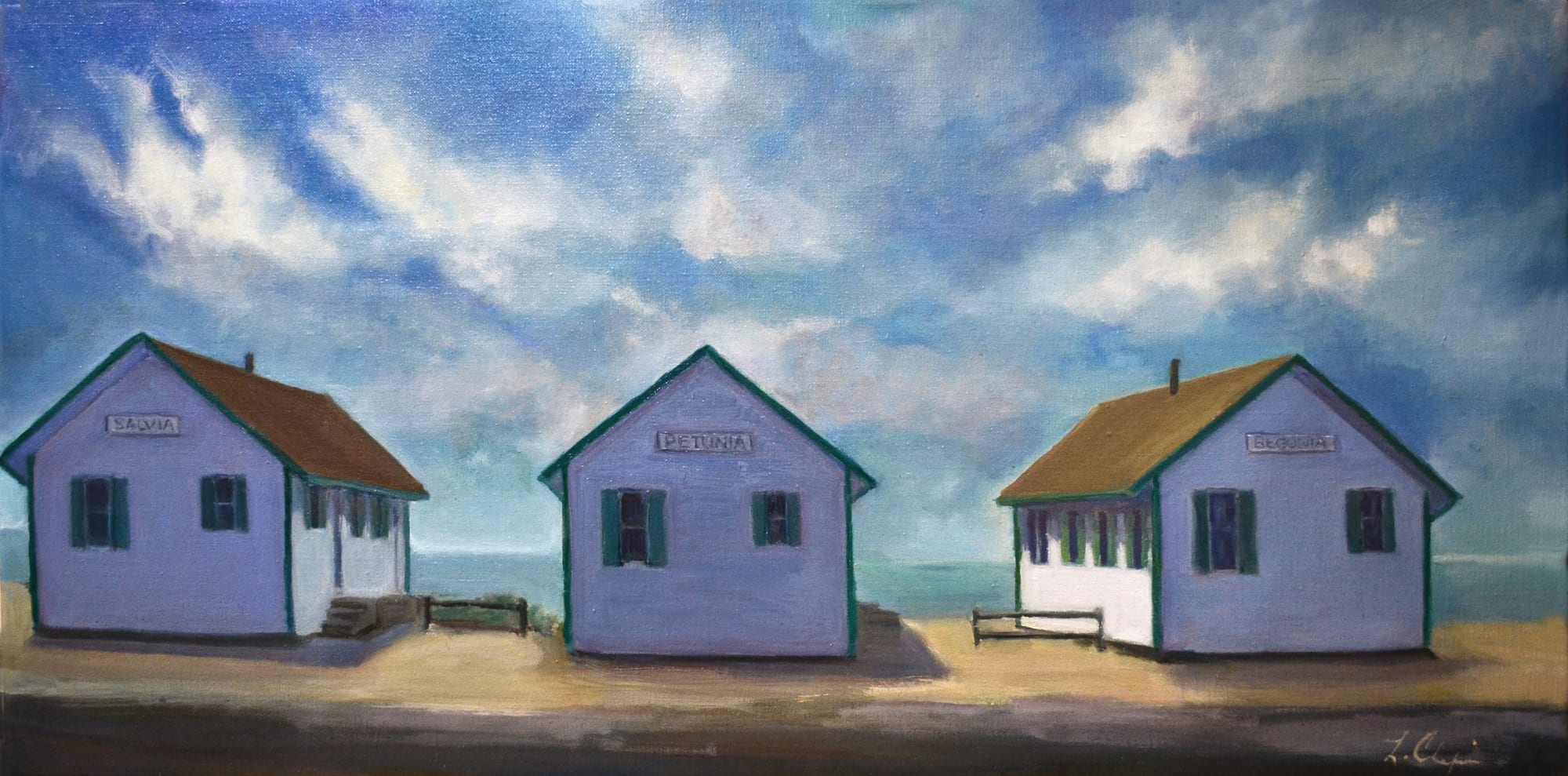 Flower Cottages. Oil, 15x30 inches. Painting by Lorraine Skelskey-Chapin.