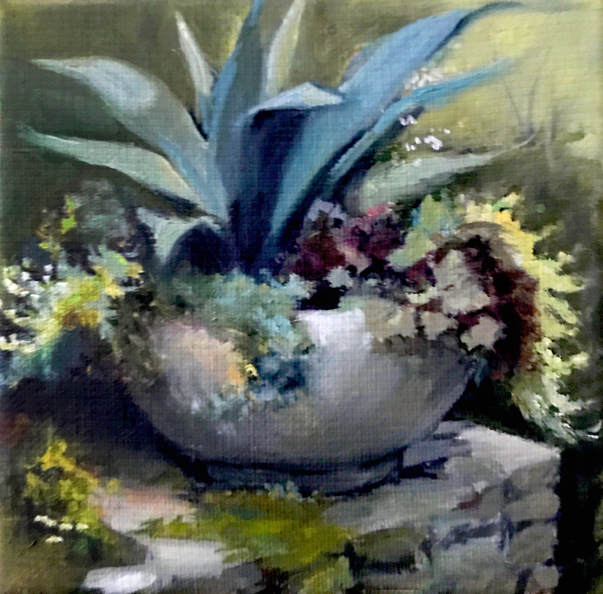 Garden Urn. Oil, 5x5 inches. Painting by Lorraine Skelskey-Chapin.