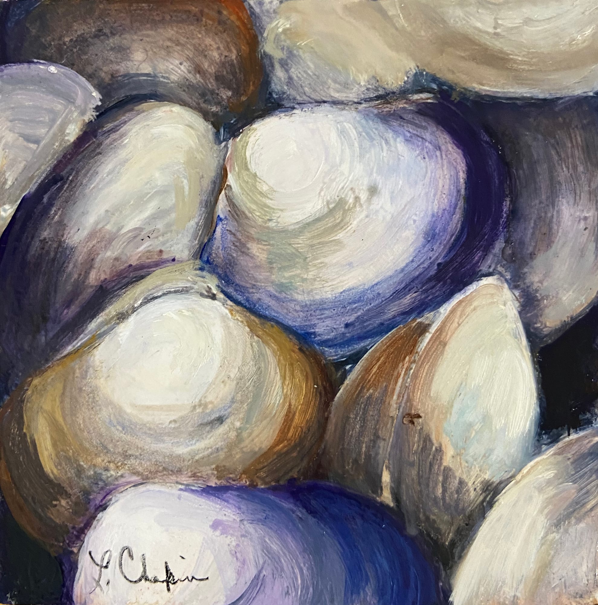 Happy Clams. Oil, 5x5 inches. Painting by Lorraine Skelskey-Chapin.
