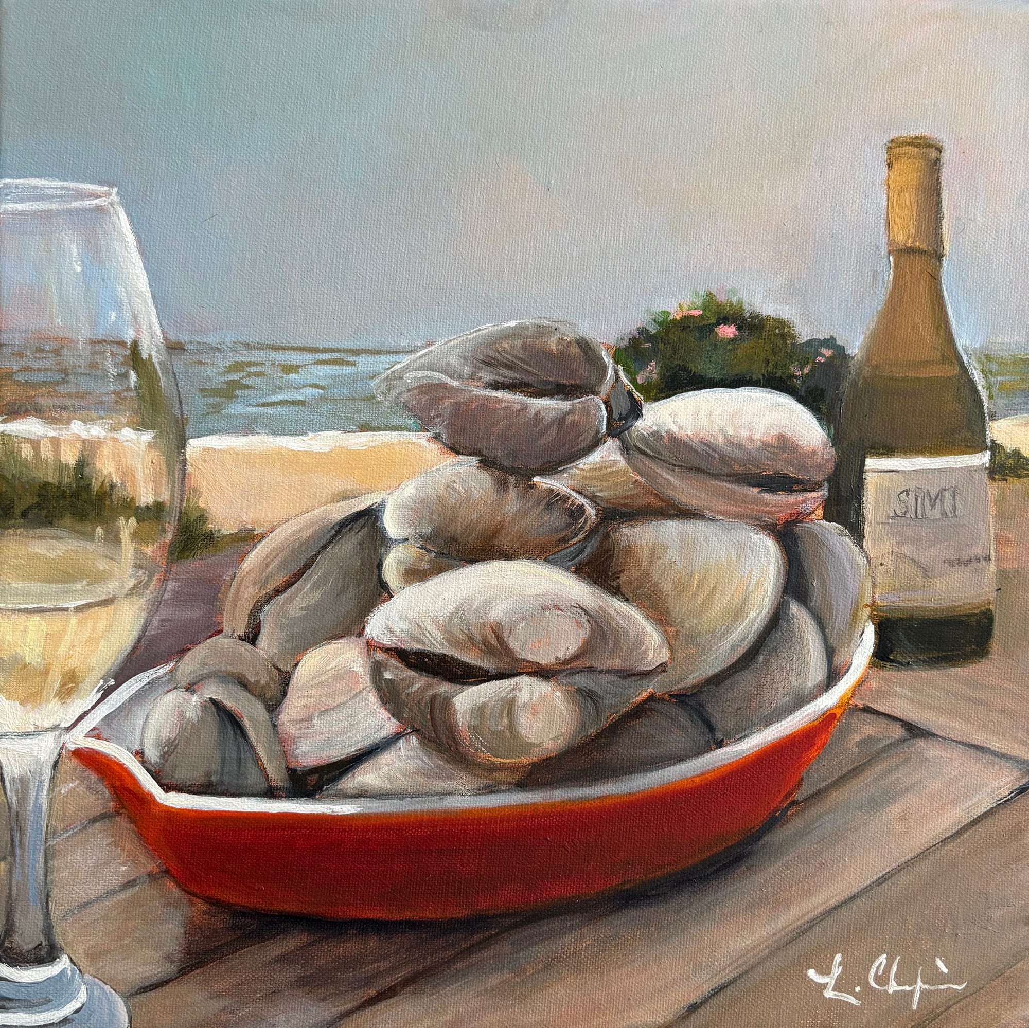 A red enamel dish of steamed clams on a weathered deck table, a glass of white wine at the left and a wine bottle at the right, with the shoreline beyond. Painting by Lorraine Skelskey-Chapin, 10 by 10 inches.