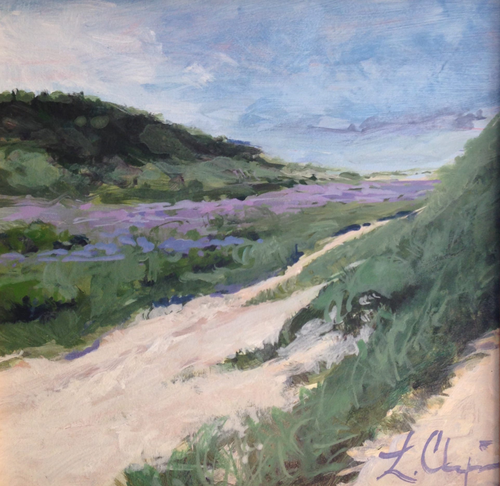 Head of the Meadow mini. Head of the Meadow Beach, Truro. Oil, 5x5 inches. Painting by Lorraine Skelskey-Chapin.