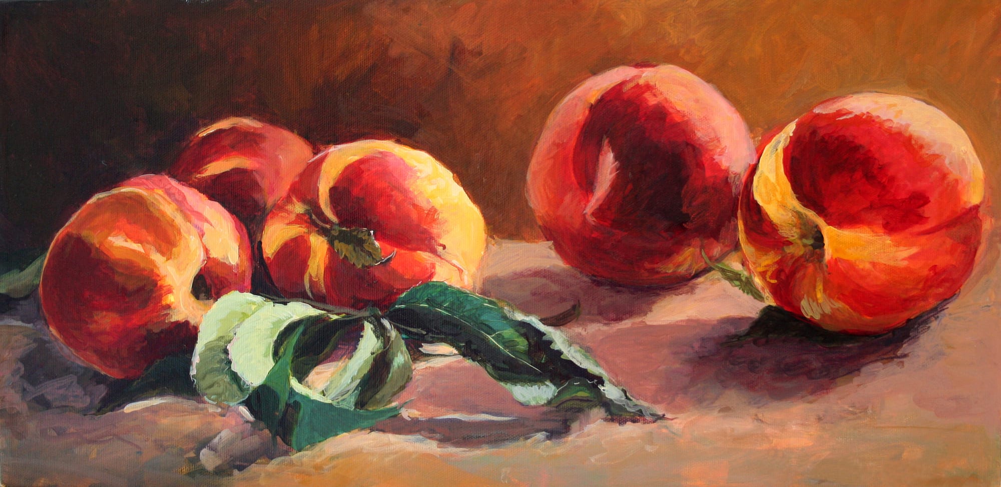 I Love my Peaches. Oil, 12x24 inches. Painting by Lorraine Skelskey-Chapin.