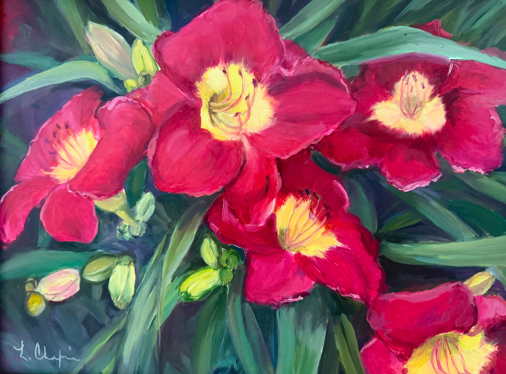 Deep red lilies with pale yellow throats crowding the whole canvas, among long green leaves and pale green buds. Oil painting by Lorraine Skelskey-Chapin, 12 by 16 inches.