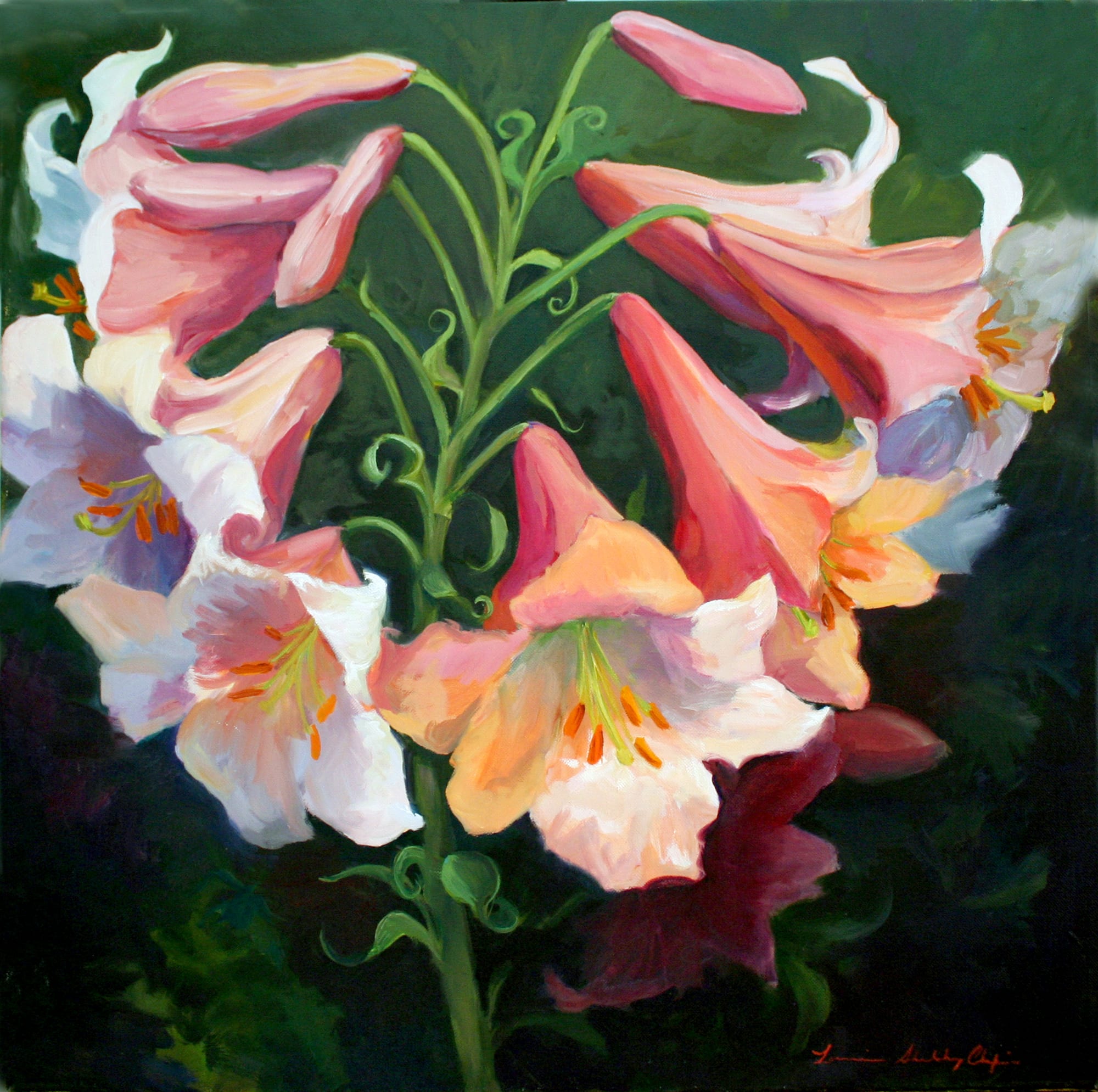 Lillies. Oil, 20x20 inches. Painting by Lorraine Skelskey-Chapin.