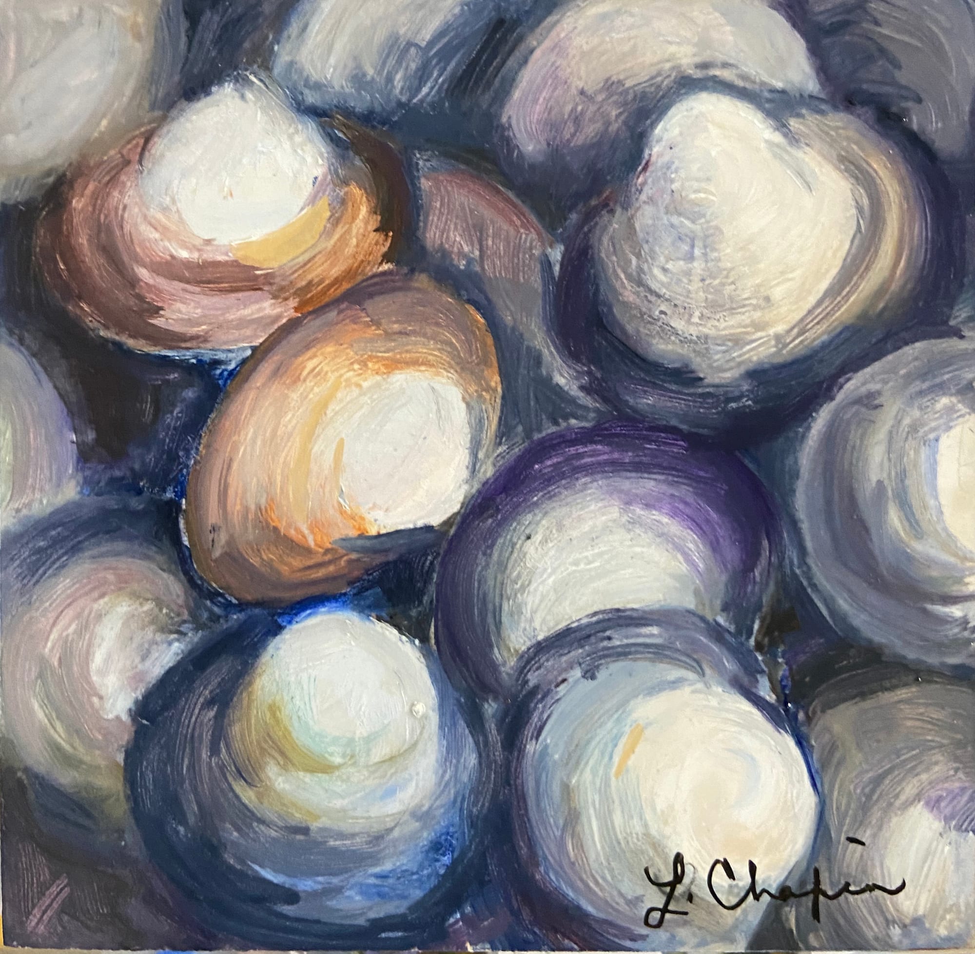 Littlenecks. Oil, 4x4 inches. Painting by Lorraine Skelskey-Chapin.