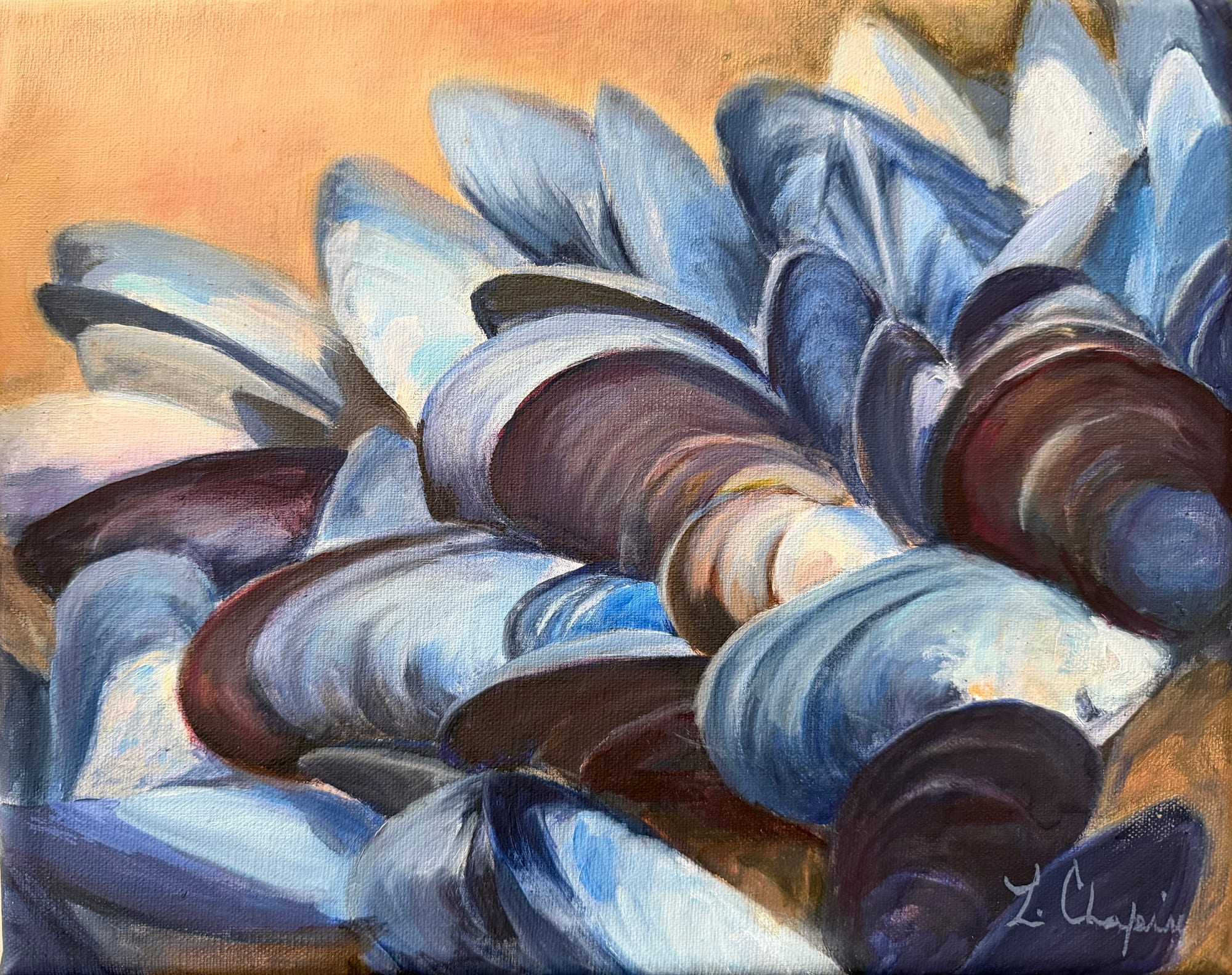 Blue and violet mussel shells overlapping in a loose pile against a warm ochre ground. Oil painting by Lorraine Skelskey-Chapin, 8 by 10 inches.