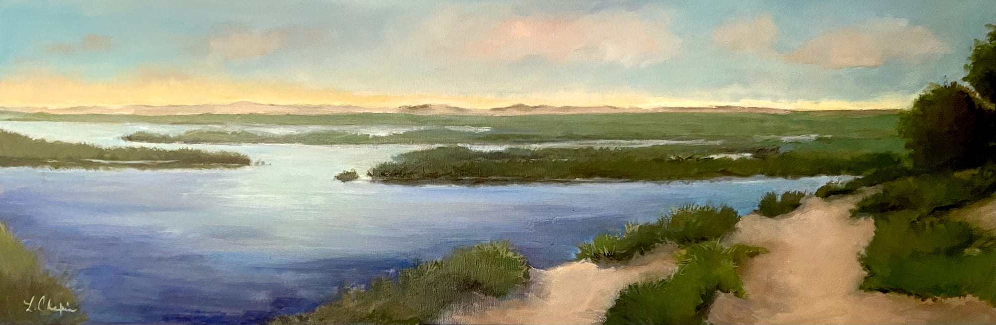 Ocean Blues. Oil, 10x30 inches. Painting by Lorraine Skelskey-Chapin.