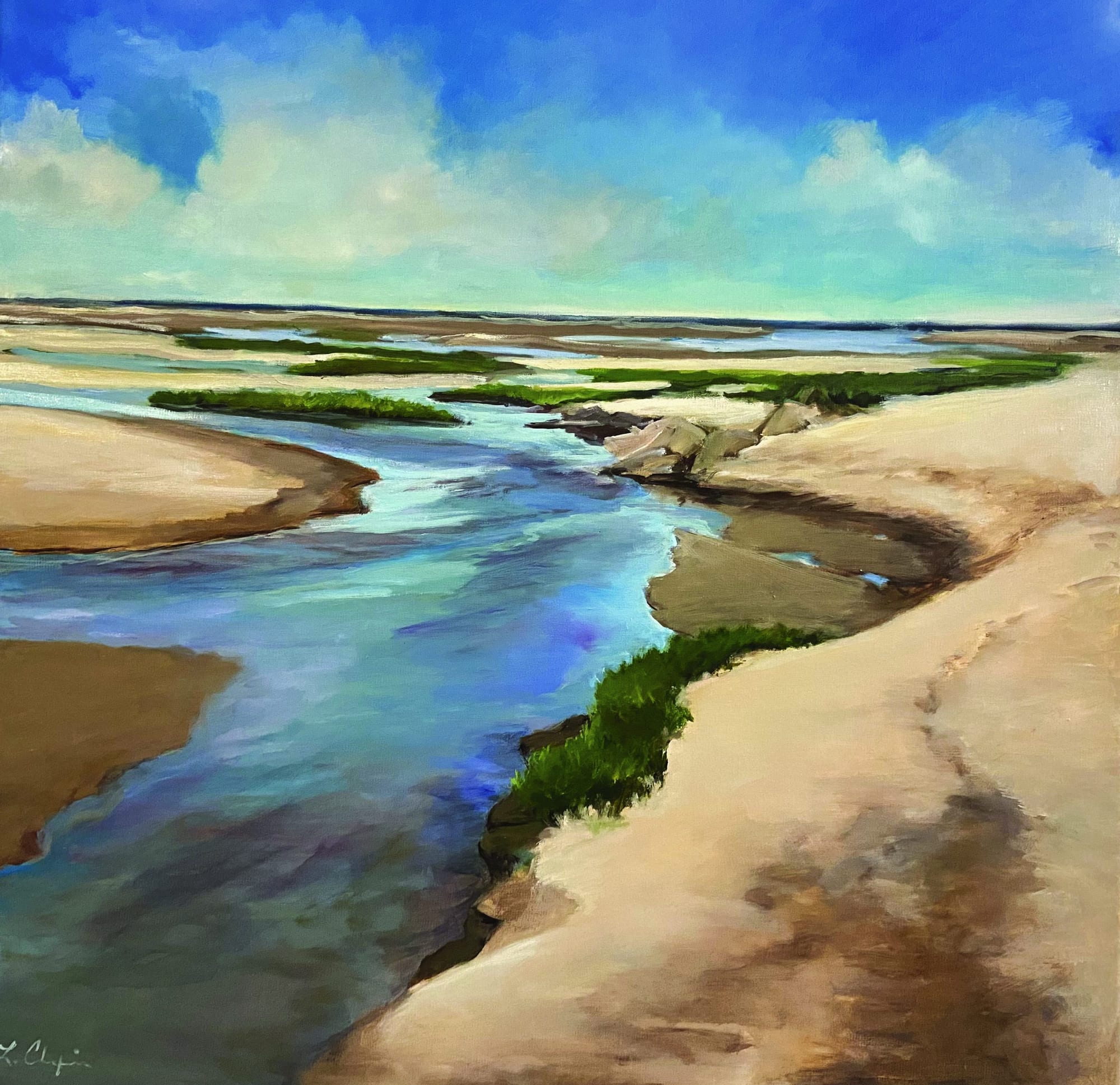 Ocean Blues II. Oil, 24x24 inches. Painting by Lorraine Skelskey-Chapin.