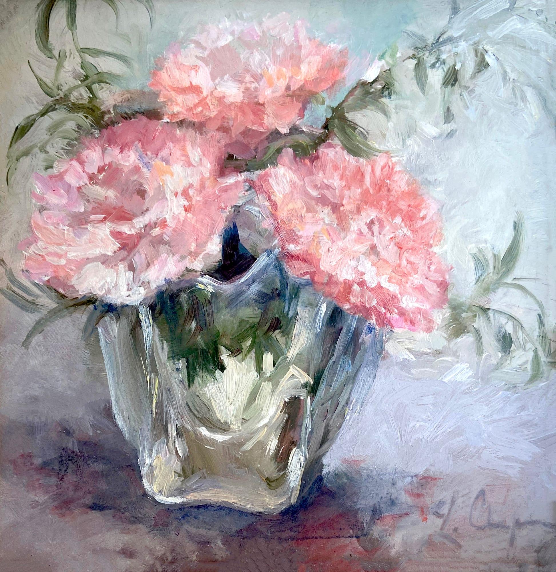 Pink Carnations. Acrylic, 5x5 inches. Painting by Lorraine Skelskey-Chapin.