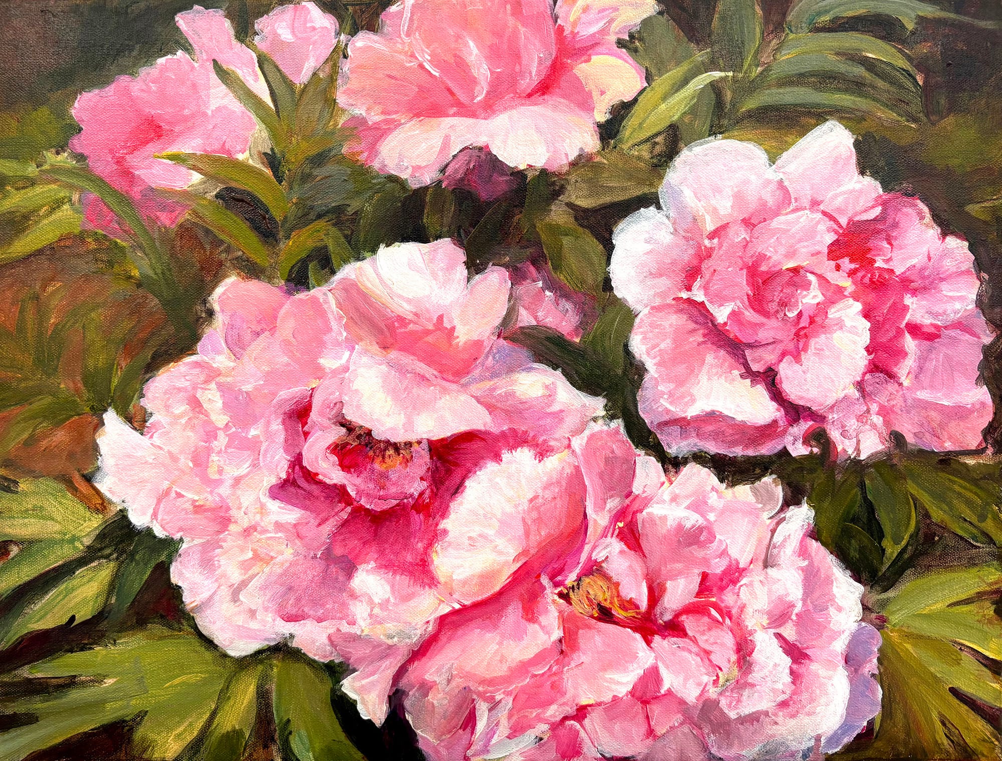 Open pink peonies crowding the whole canvas, their ruffled petals catching the light above deep green leaves. Acrylic painting by Lorraine Skelskey-Chapin, 12 by 16 inches.