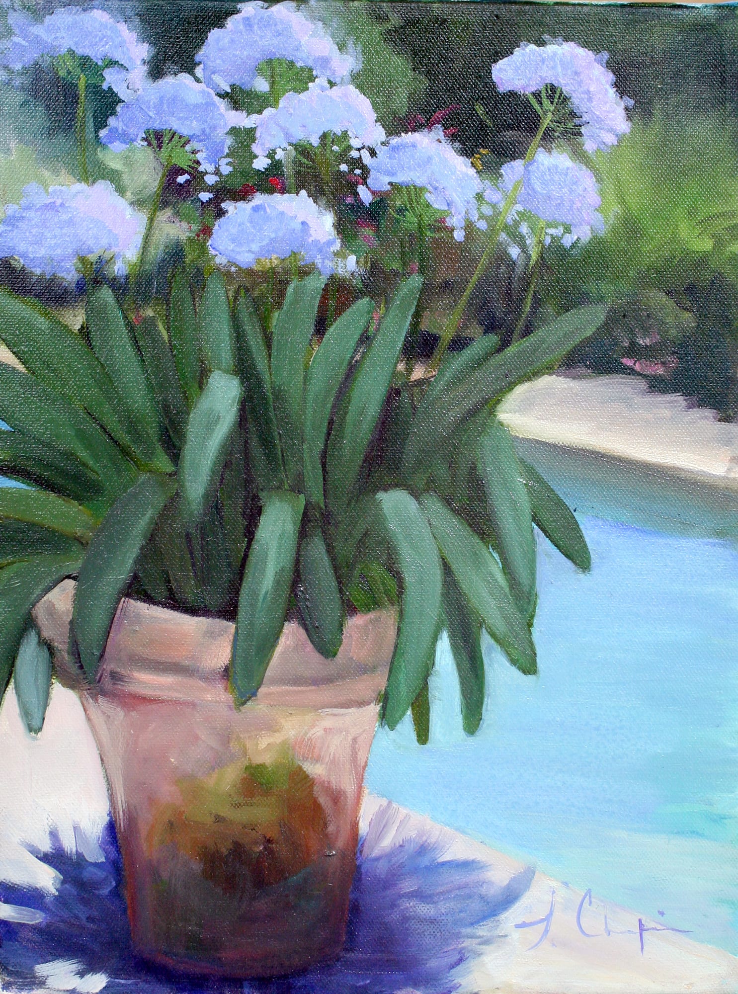 Poolside. Oil, 9x12 inches. Painting by Lorraine Skelskey-Chapin.