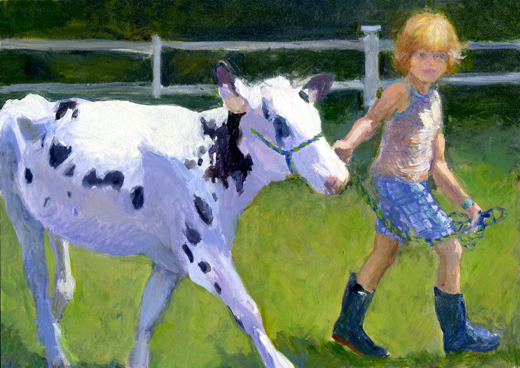 Pretty Little Girl with her Cow. Acrylic, 5x7 inches. Painting by Lorraine Skelskey-Chapin.
