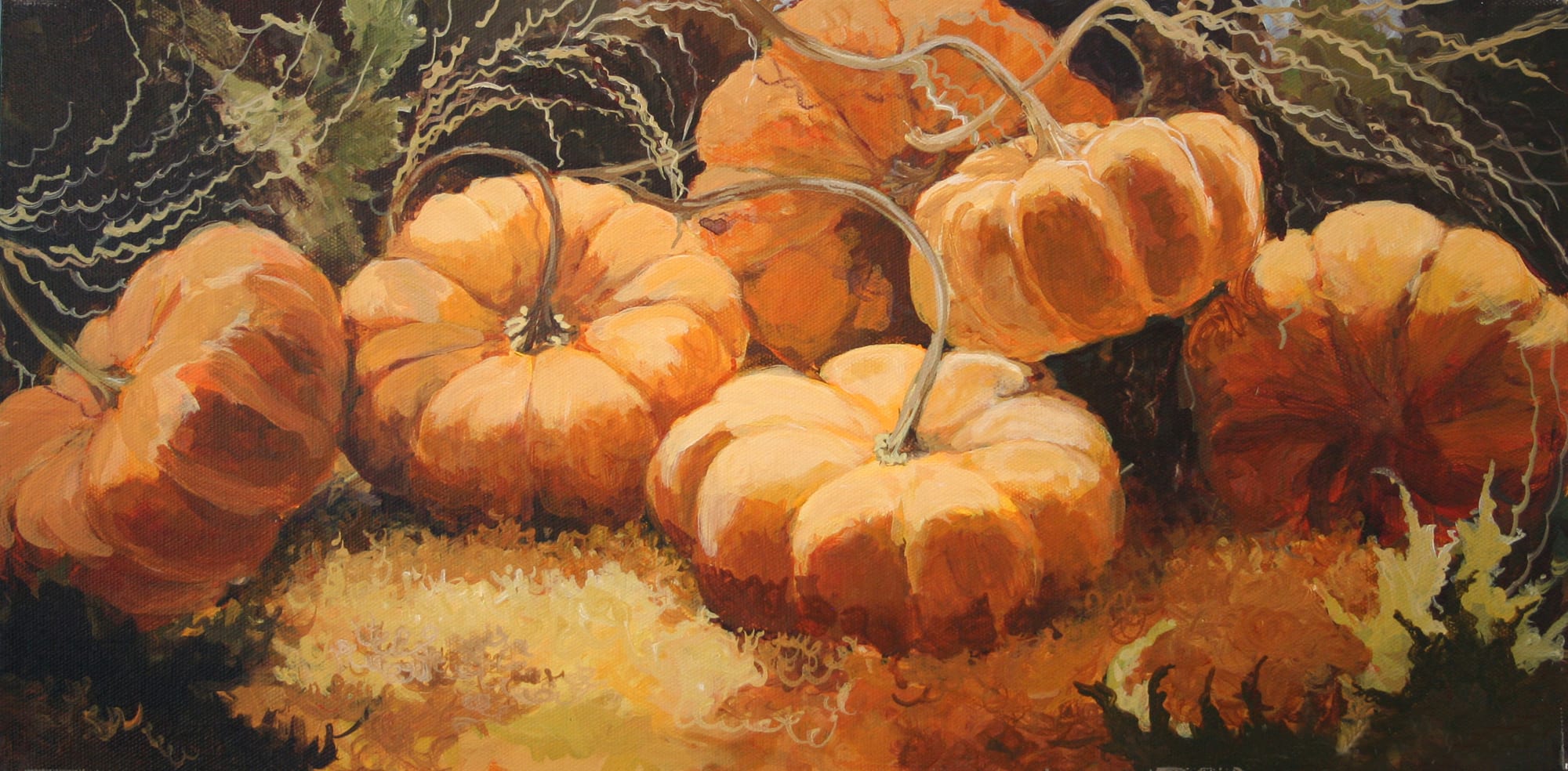 Pumpkin Surprise. Oil, 10x30 inches. Painting by Lorraine Skelskey-Chapin.