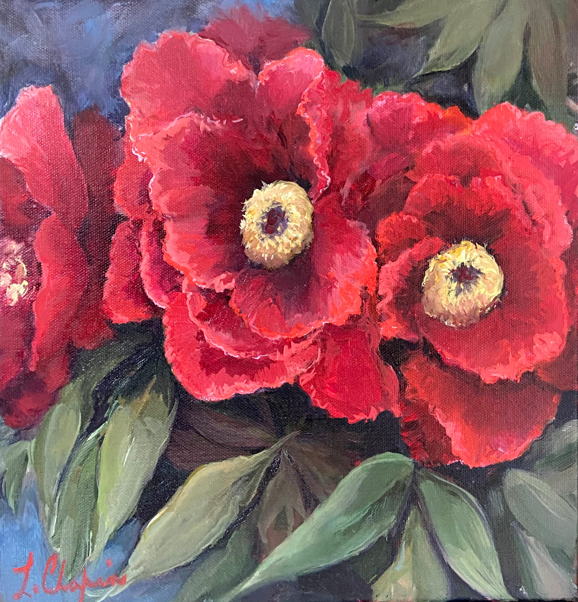 Red Tree Peonies. Painting by Lorraine Skelskey-Chapin.