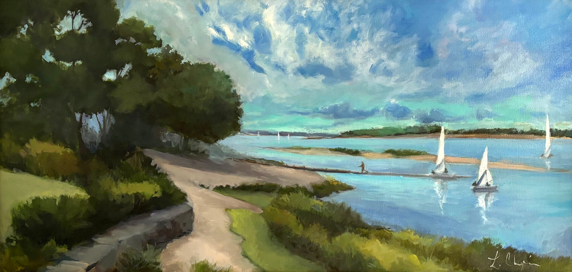A sandy path curving along a wooded shoreline toward open water, where three white sailboats run before a bank of summer cloud. Oil painting by Lorraine Skelskey-Chapin, 10 by 20 inches.