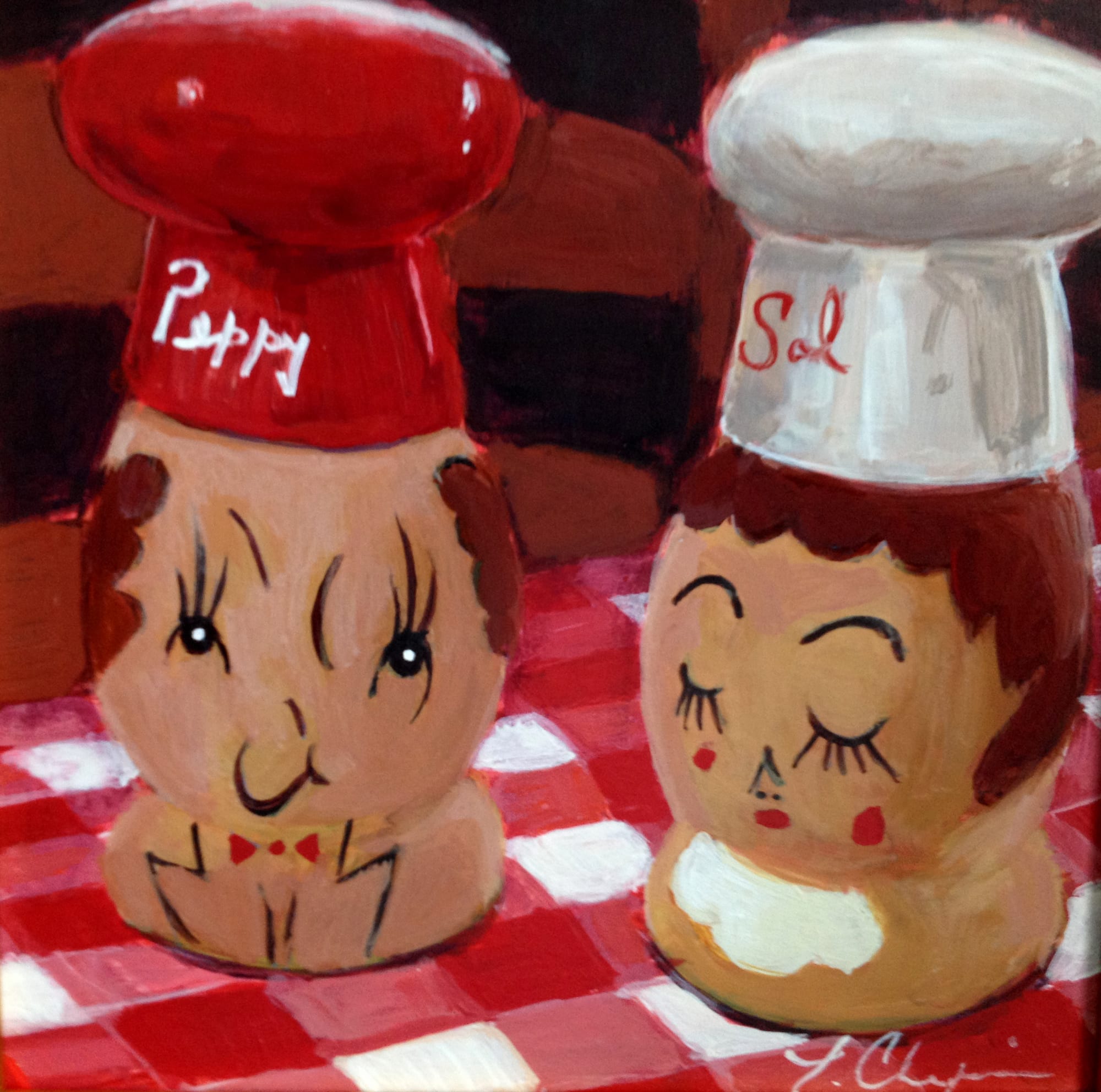 Sal and Peppy. Acrylic, 6x6 inches. Painting by Lorraine Skelskey-Chapin.