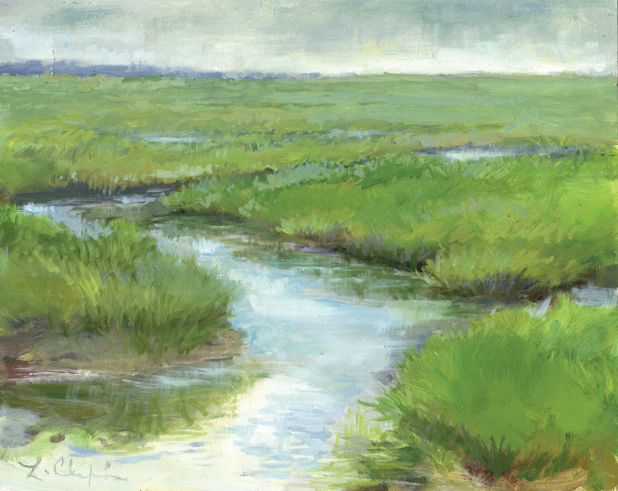 Salt Marsh. Acrylic, 8x10 inches. Painting by Lorraine Skelskey-Chapin.
