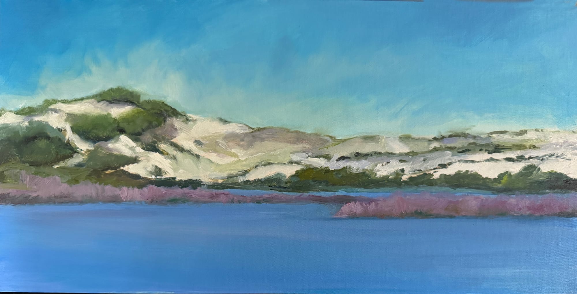 A long low line of white sand dunes topped with green scrub, seen across still blue water with a band of pink beach grass along the far shore. Oil painting by Lorraine Skelskey-Chapin, 10 by 20 inches.