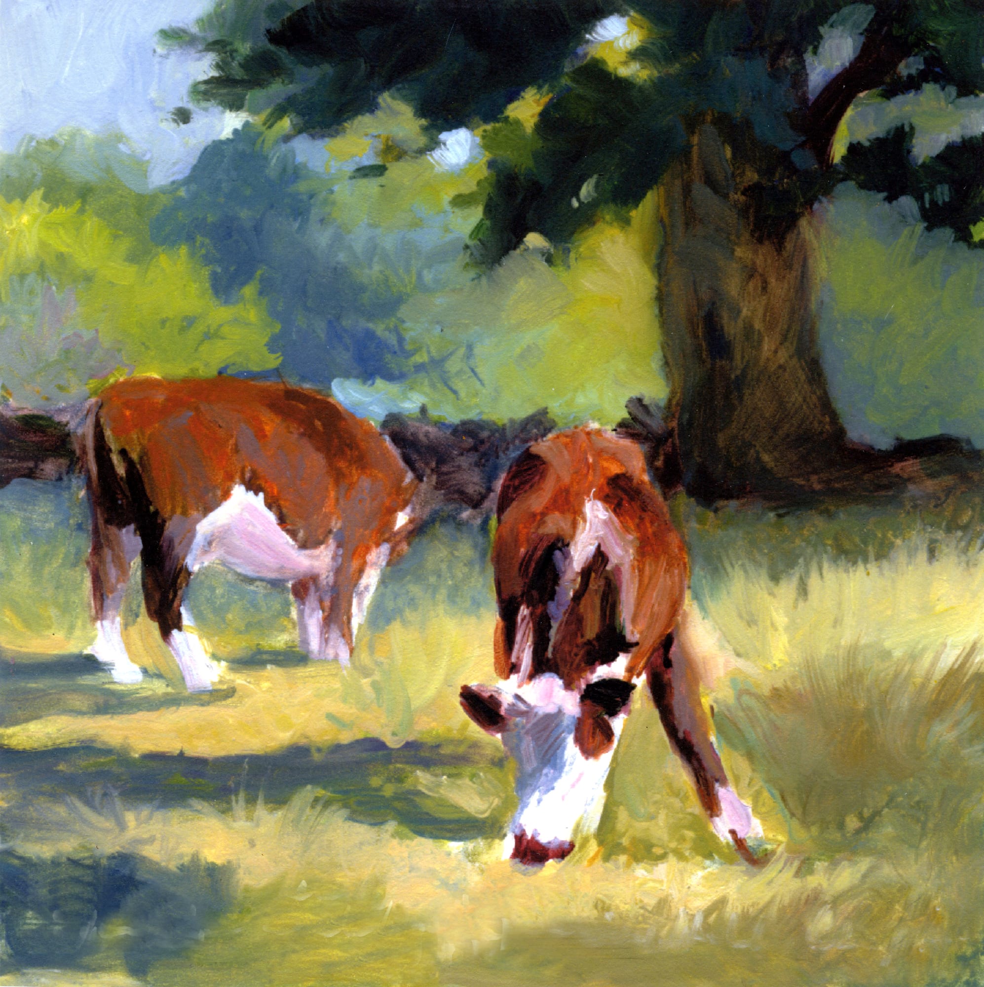 Sunny Pastures. Acrylic, 6x6 inches. Painting by Lorraine Skelskey-Chapin.