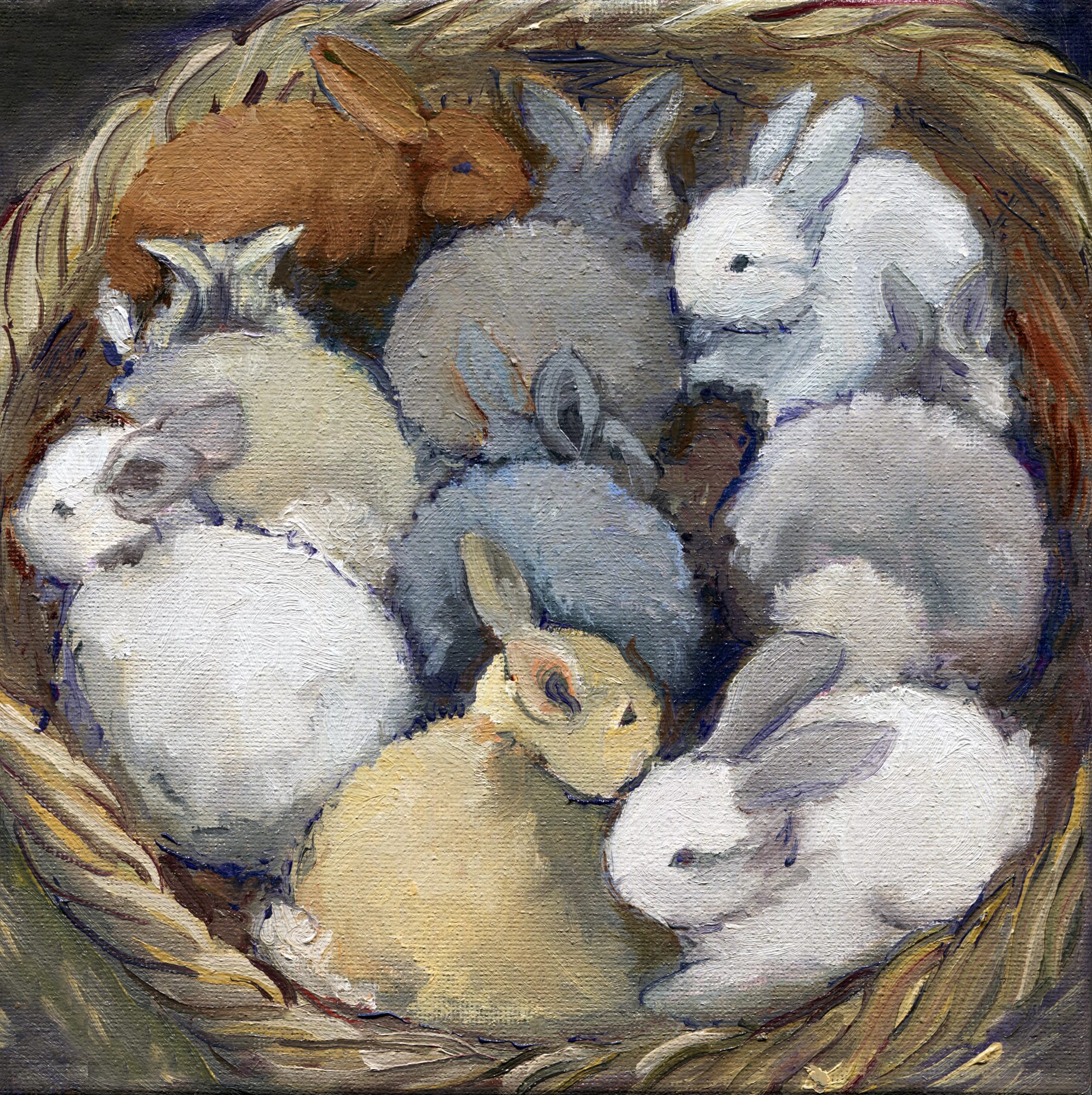 The Bunny Nest. Oil, 5x5 inches. Painting by Lorraine Skelskey-Chapin.