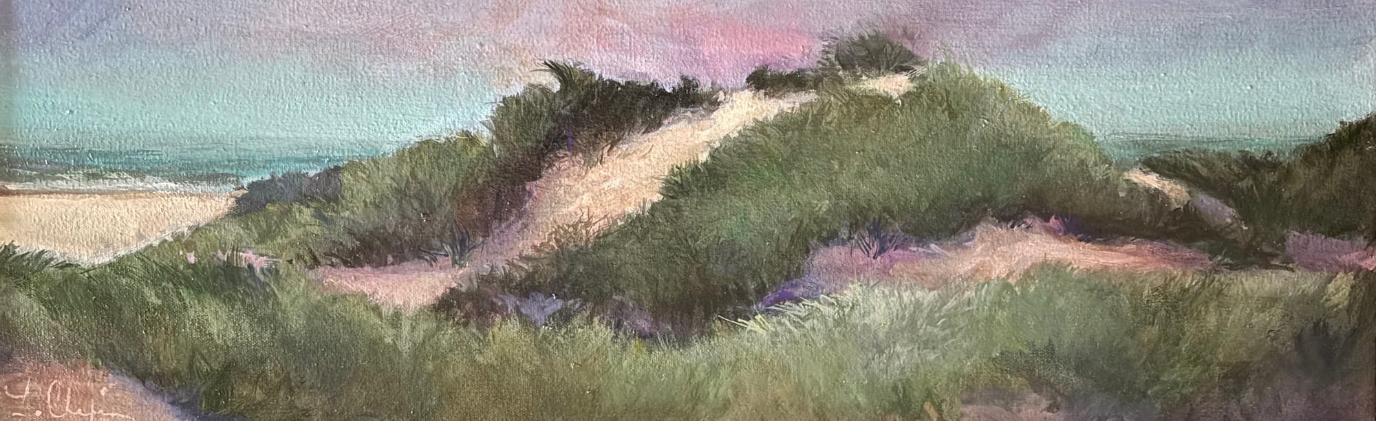 Wicked Dunes II. Oil, 8x24 inches. Painting by Lorraine Skelskey-Chapin.